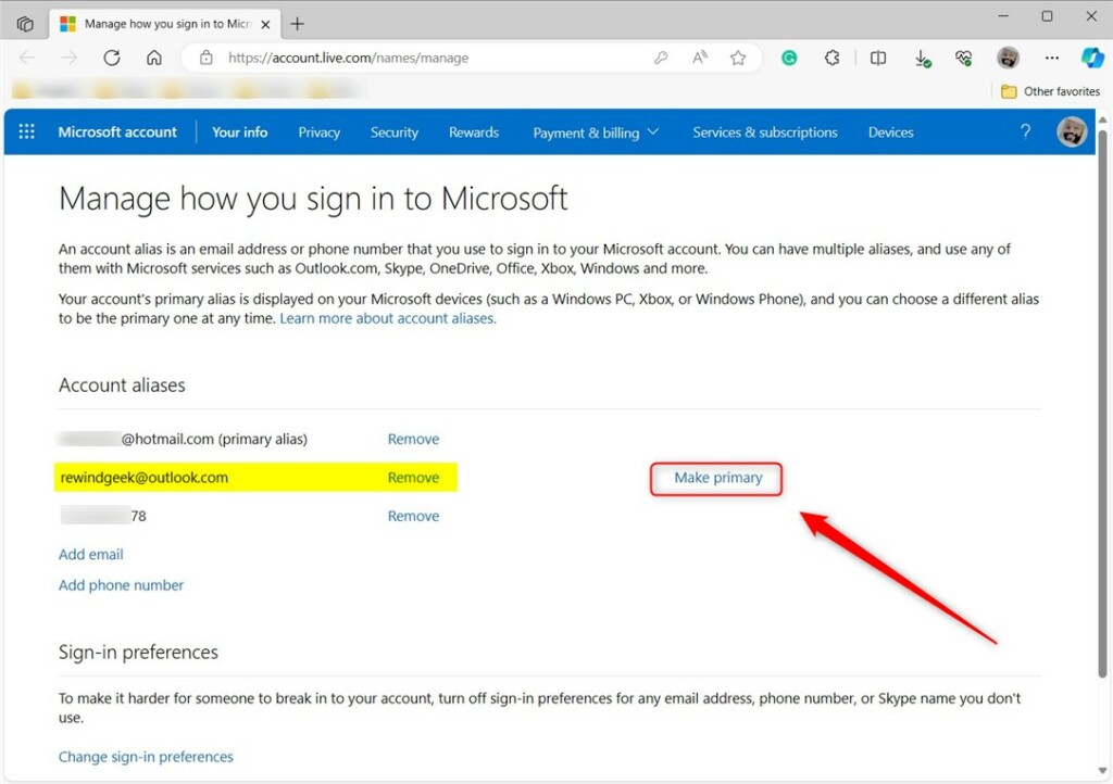 Manage how to sign into microsoft make primary