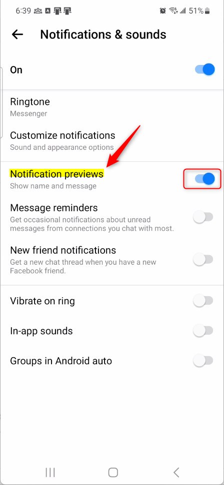 Messenger app turn notification previews on or off