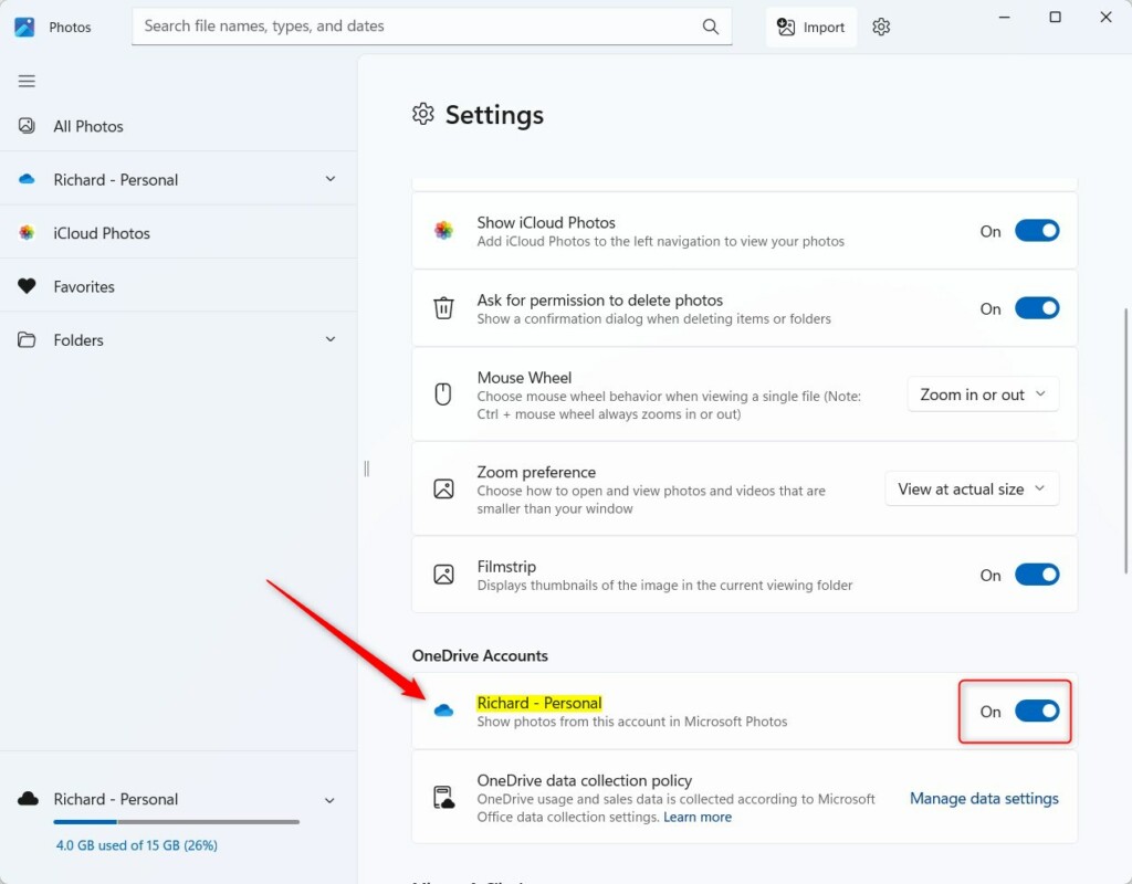 Microsoft Photos OneDrive account button