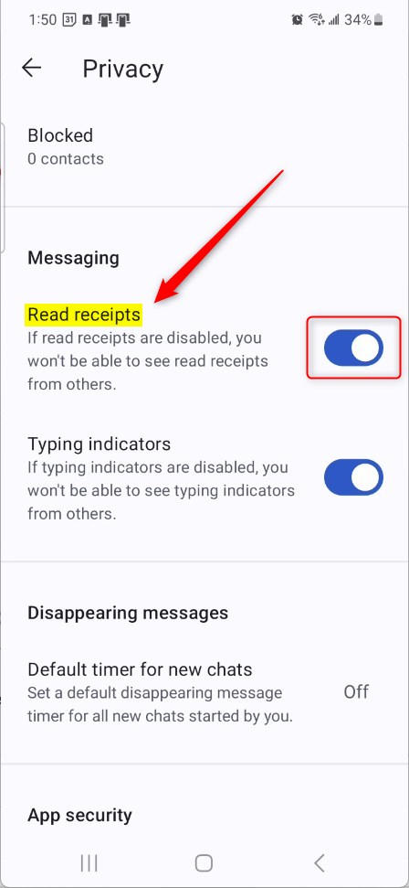 Signal app settings menu privacy read receipts tile