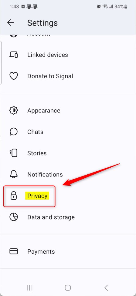 Signal app settings menu privacy tile
