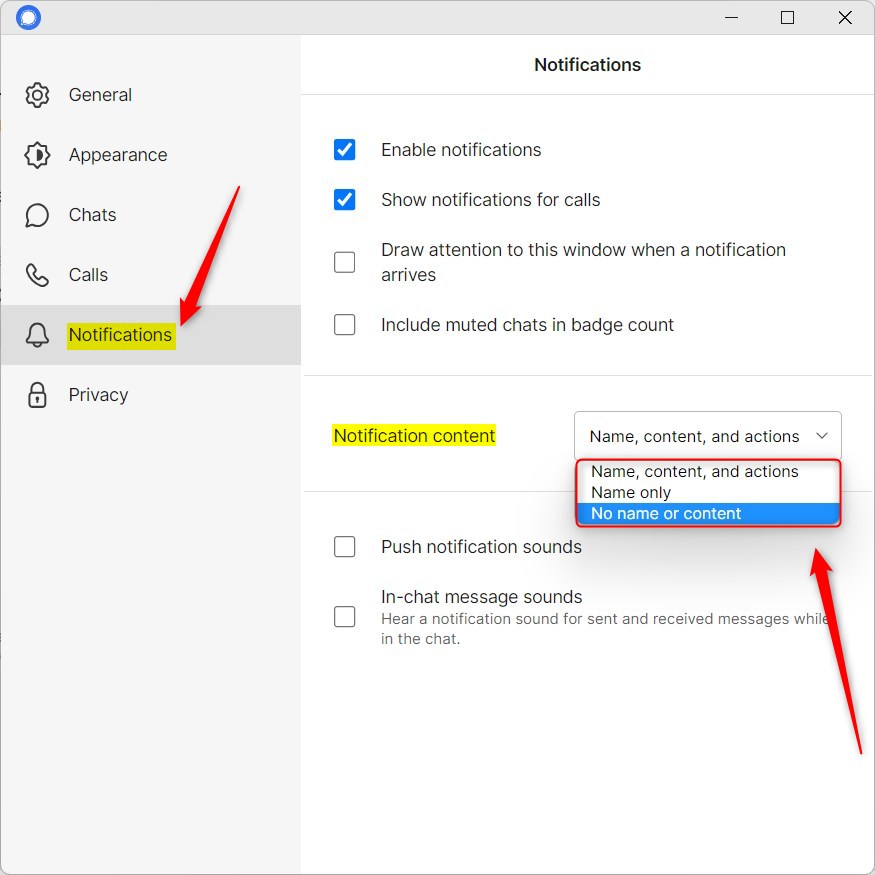 Signal notification content settings options