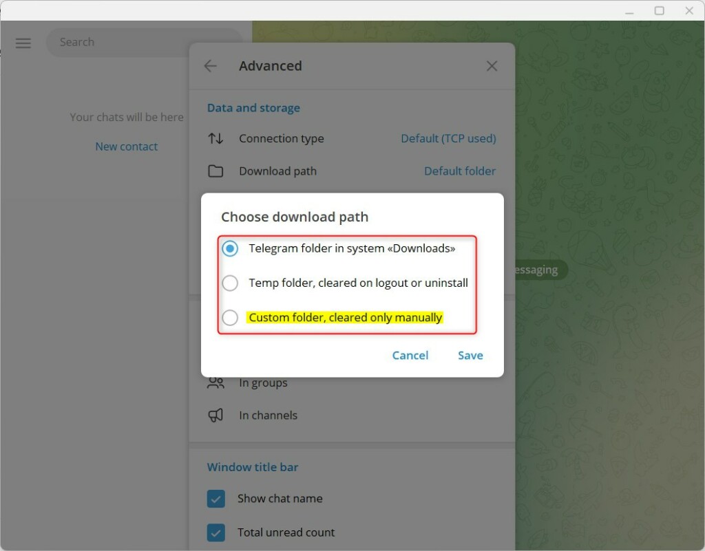 Telegram change default download path options