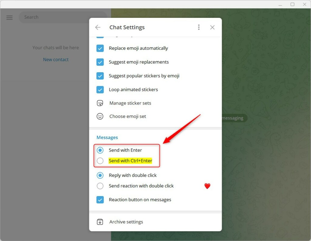 Telegram chat settings change send with enter