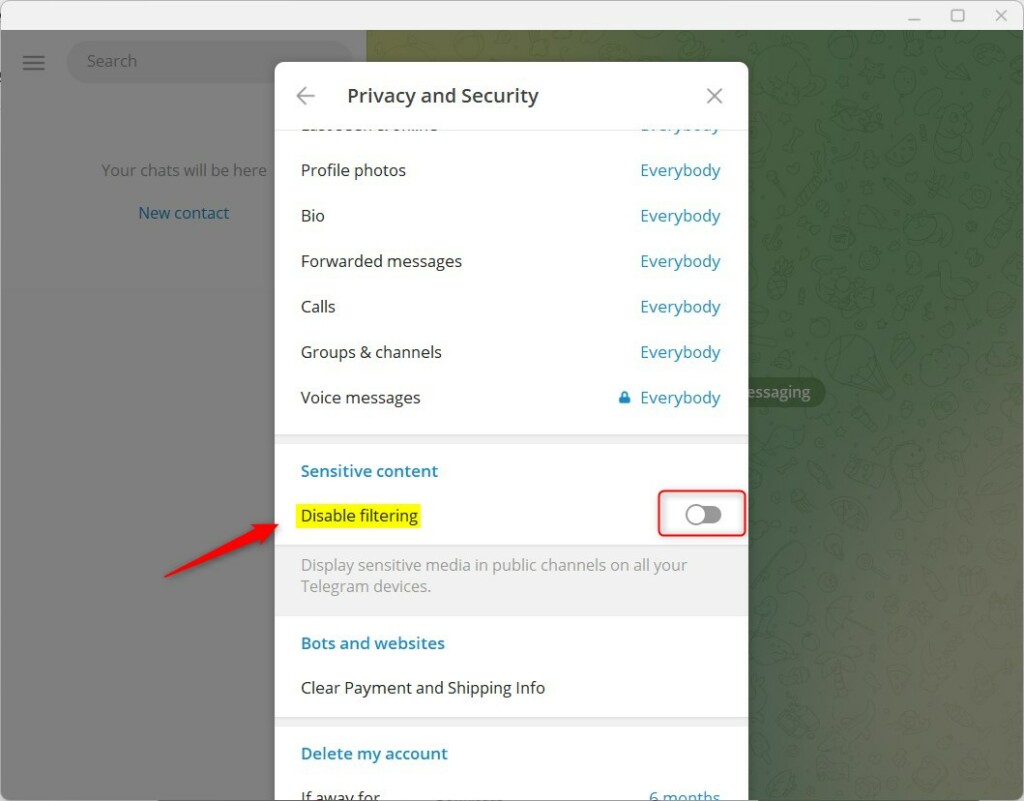 Telegram privacy and security disable filtering