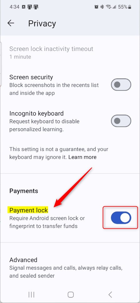 Turn payment lock on or off in Signal