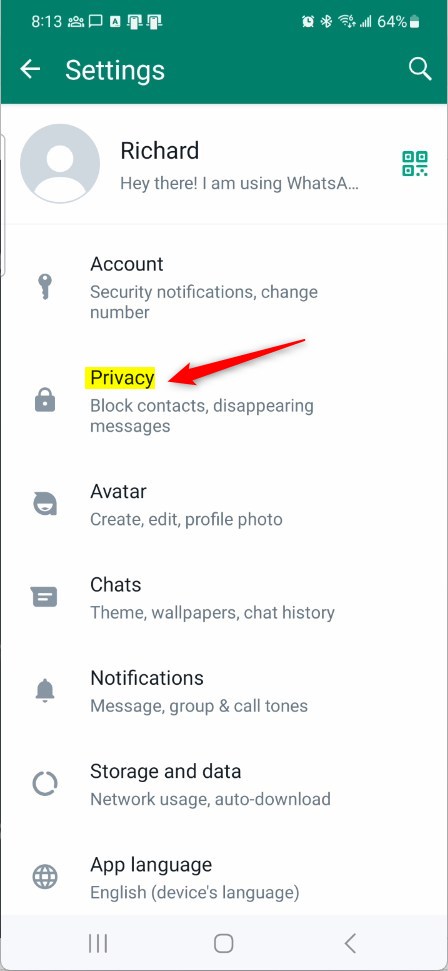 WhatsApp privacy settings page