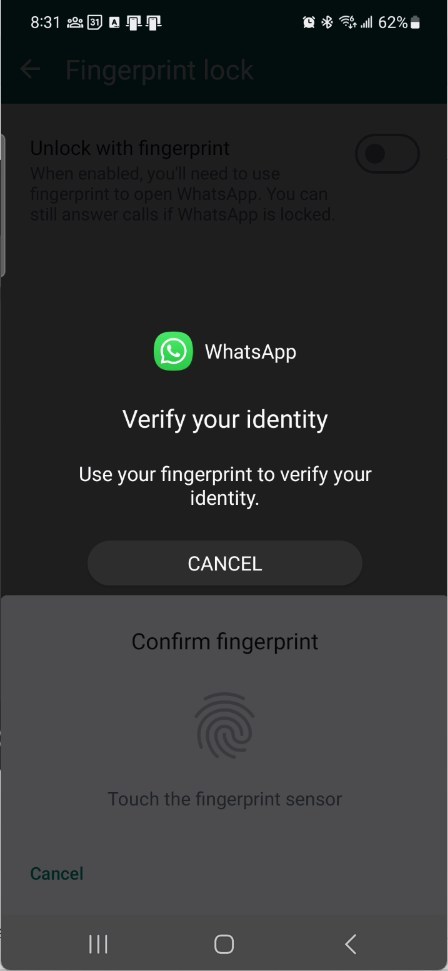 WhatsApp unlock with fingerprint on mobile device