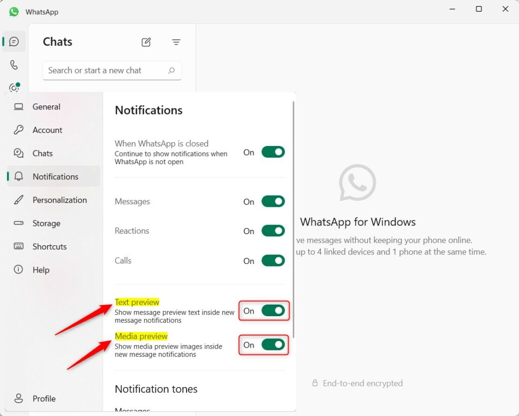 WhatsApp turn text and media preview on or off on Windows