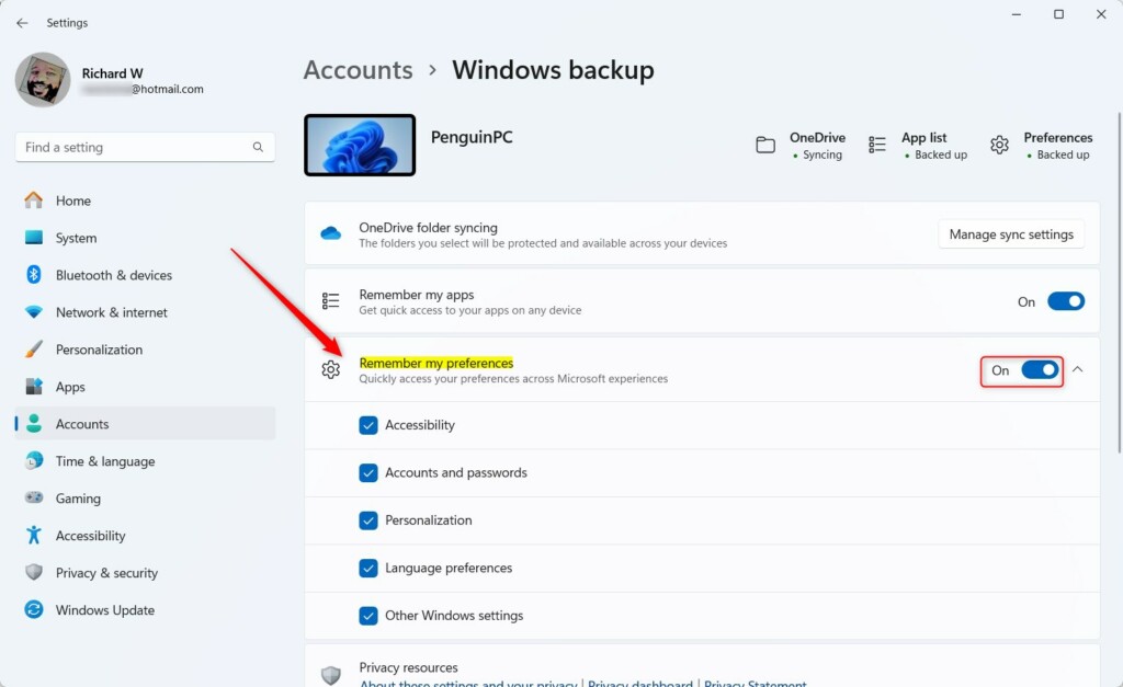 Windows 11 Accounts Settings Windows Backup preferences
