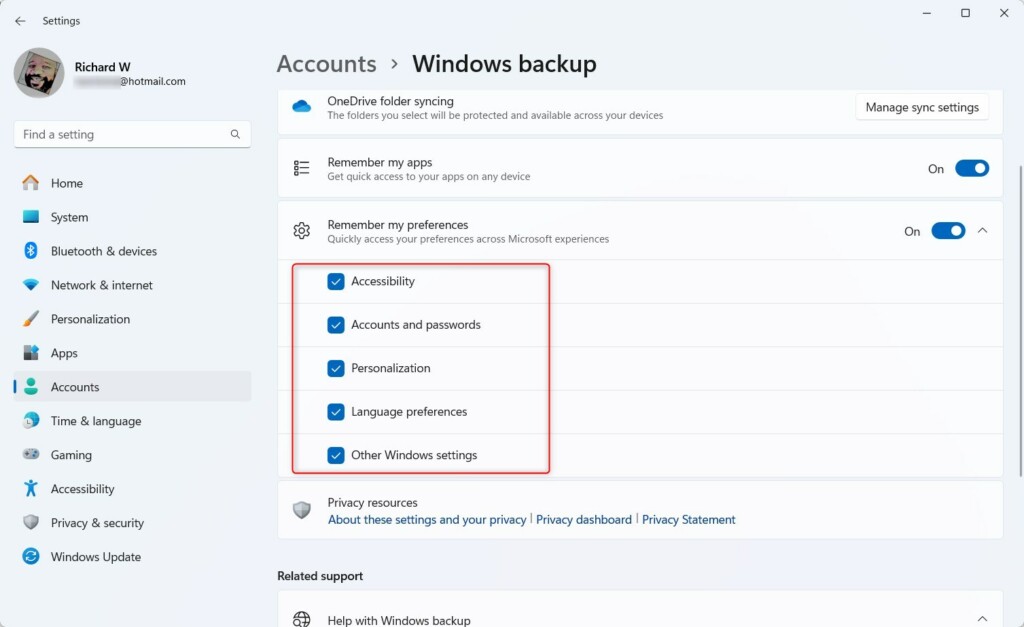 Windows 11 Accounts Settings Windows Backup preferences options