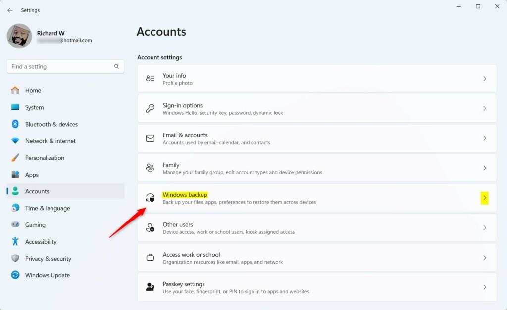 Windows 11 Accounts Settings Windows Backup tile