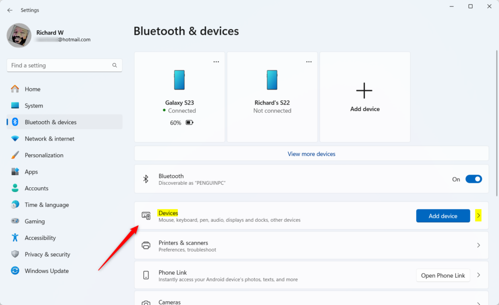 Bluetooth devices tile in Windows Settings