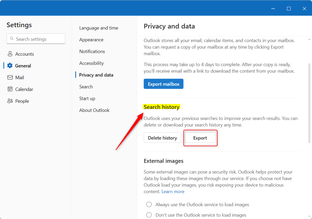 Export seach history in Outlook