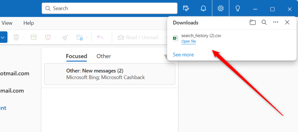 Export seach history in Outlook file