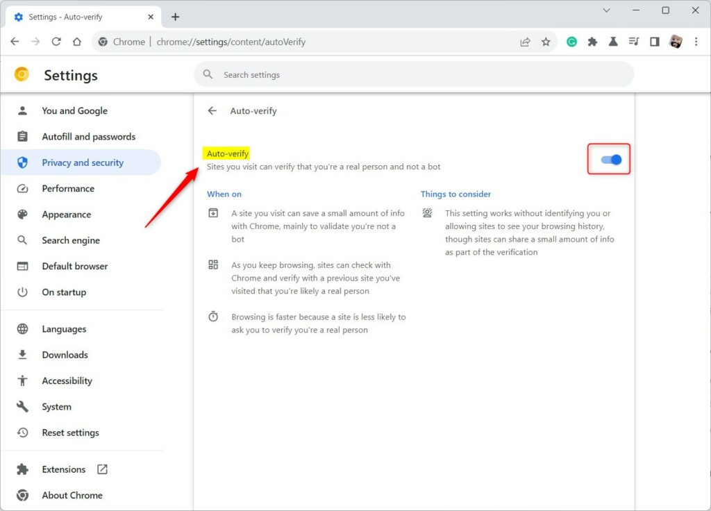 Turn Auto-verify on or off in Google Chrome