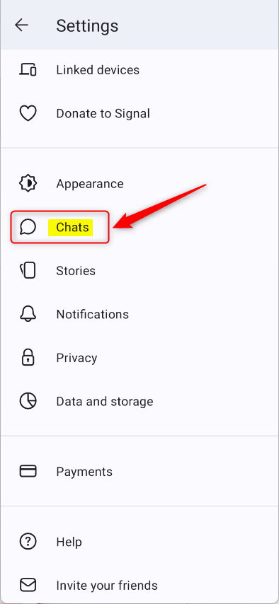 Signal Chats tile in Settings