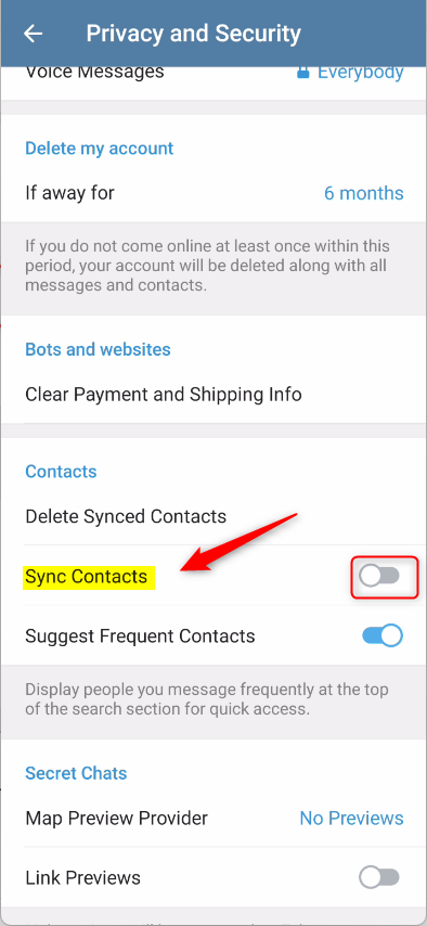 Telegram privacy and security sync contacts off