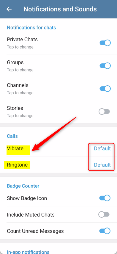 Telegram ringtone and vibrate settings