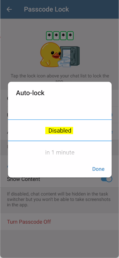 Telegram select Auto-lock tile options