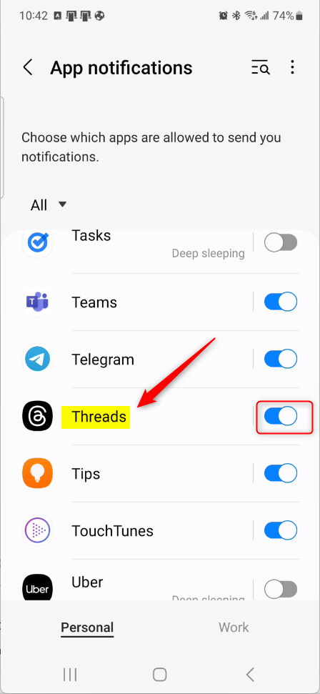 Threads pause all notifications device settings