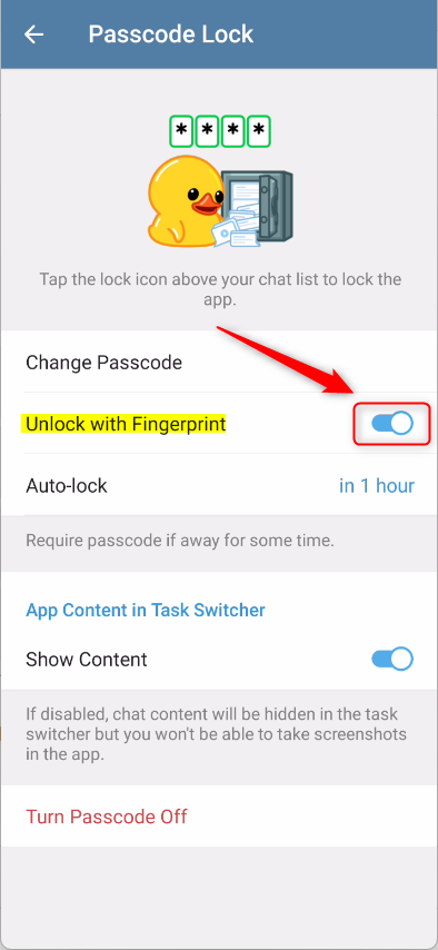 Turn unlock with fingerprint fingerprint on
