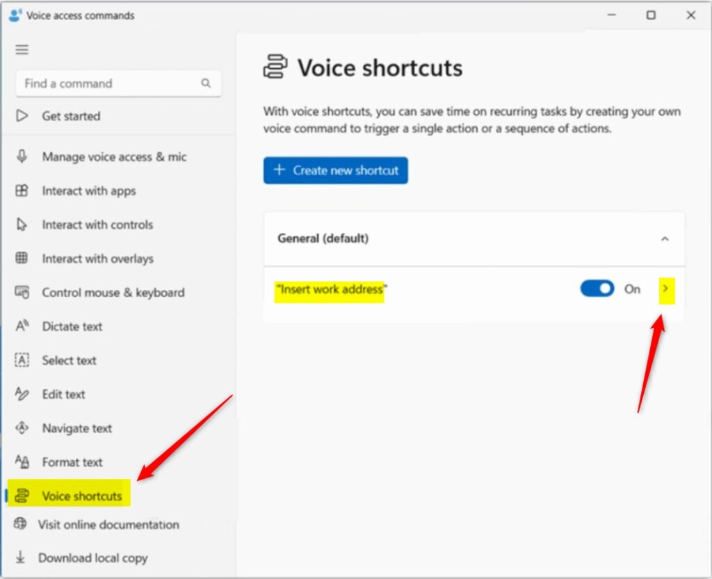 Custom command shortcuts for Voice access details