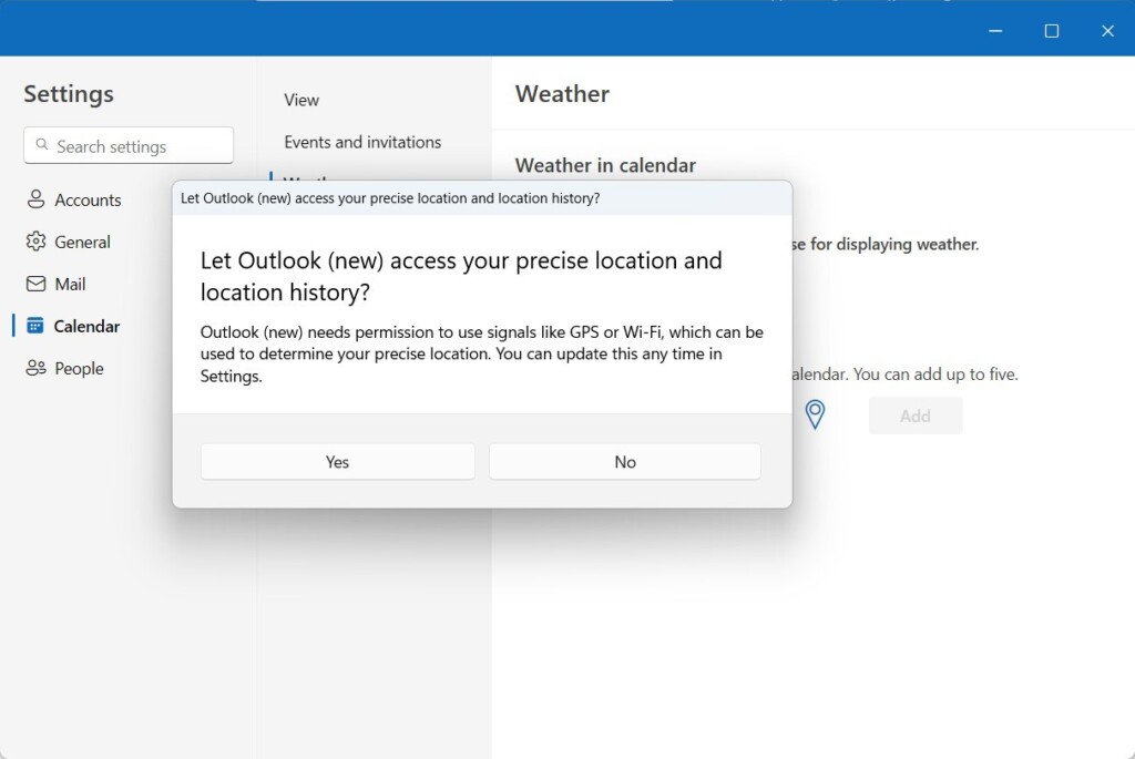 Show weather in calendar in Outlook add location service
