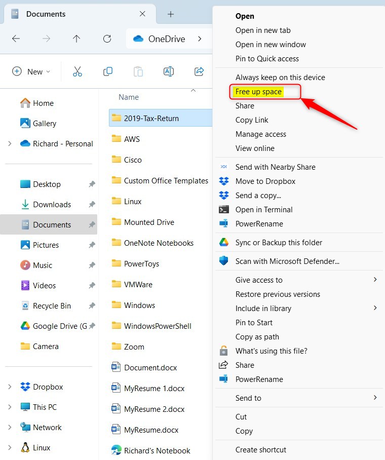 Windows 11 show more options context menu OneDrive free up space