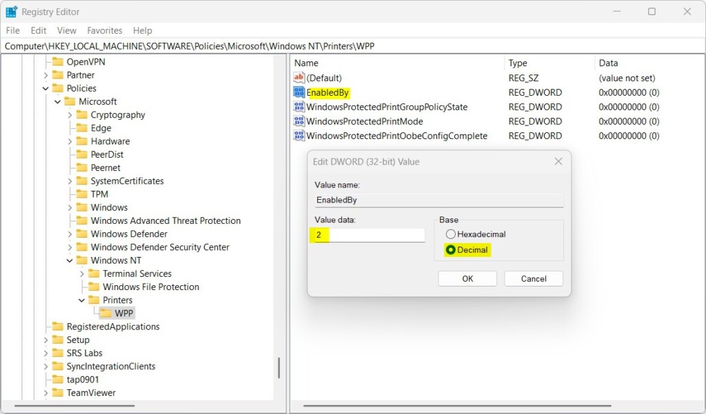 Windows protected print mode registry value