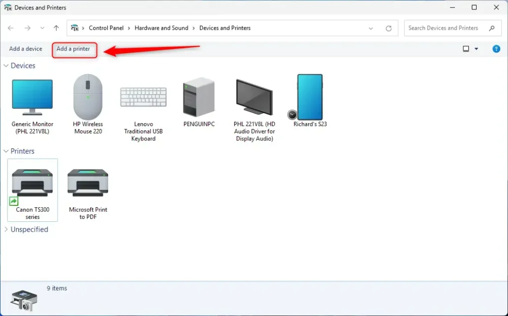 Add a shared printer from devices and printers folder