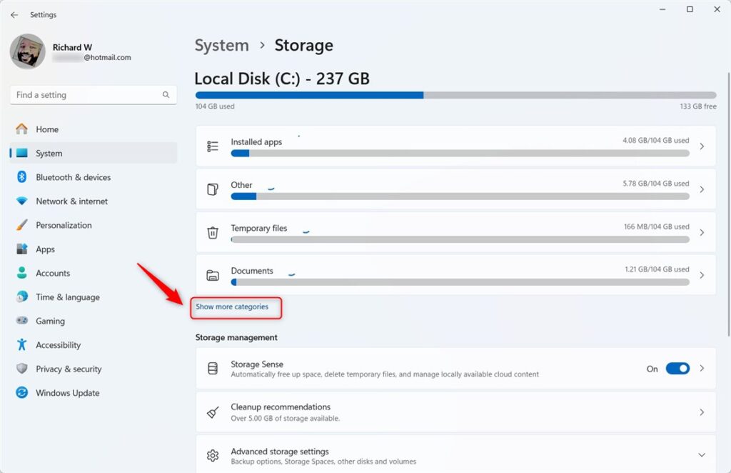 Windows 11 Storage show more category link
