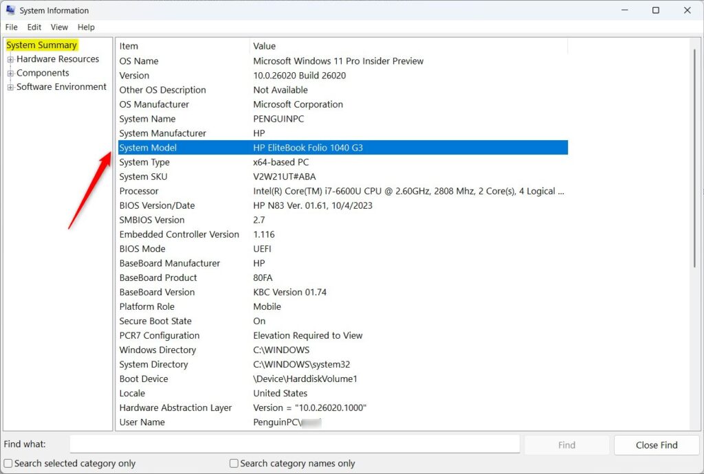 Windows 11 System model name in Information