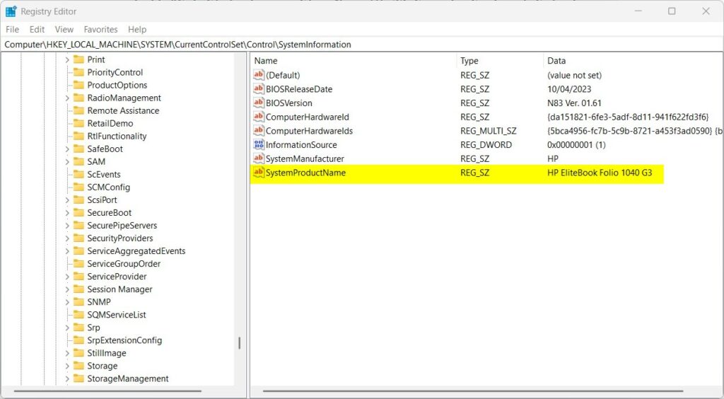 Windows 11 System model name in registry