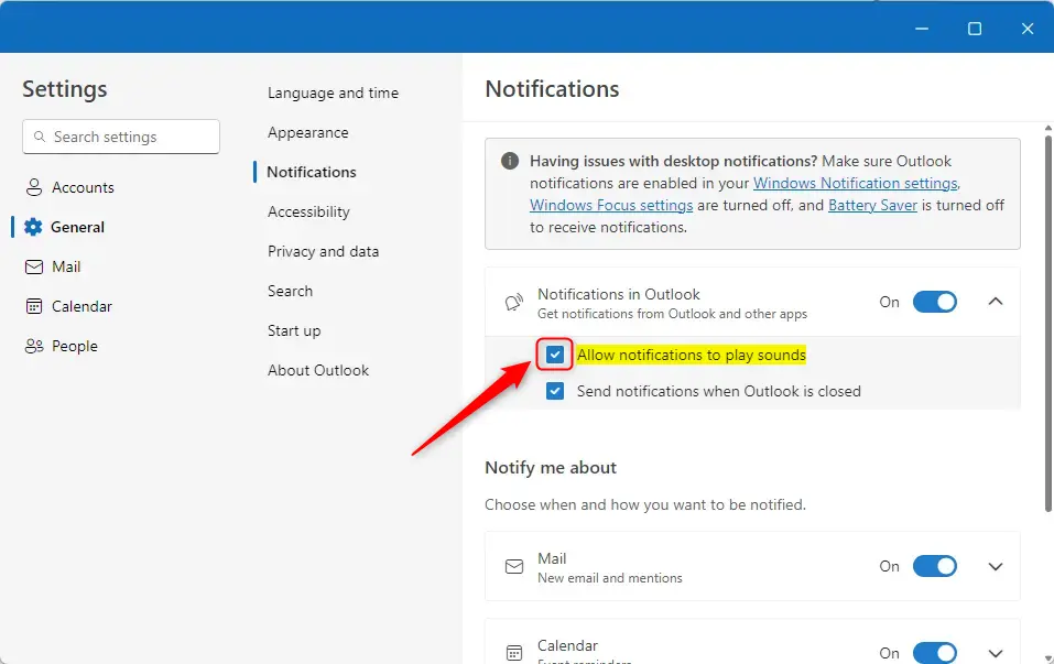 Allow notifications to play sounds in Outlook