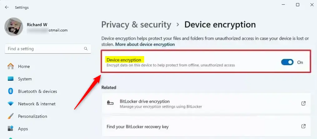 Device encryption settings in Windows 11