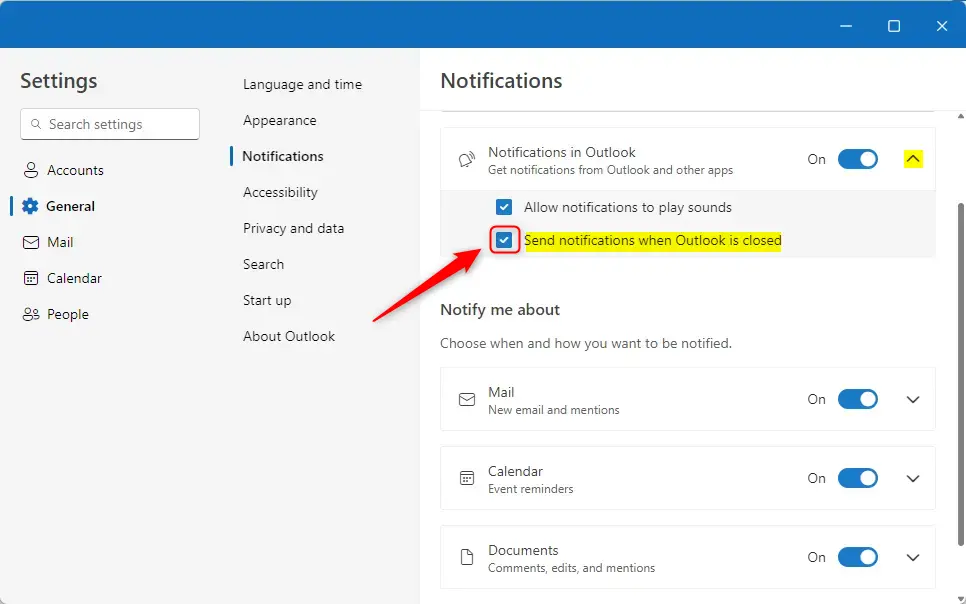 Outlook send notifications when Outlook is closed