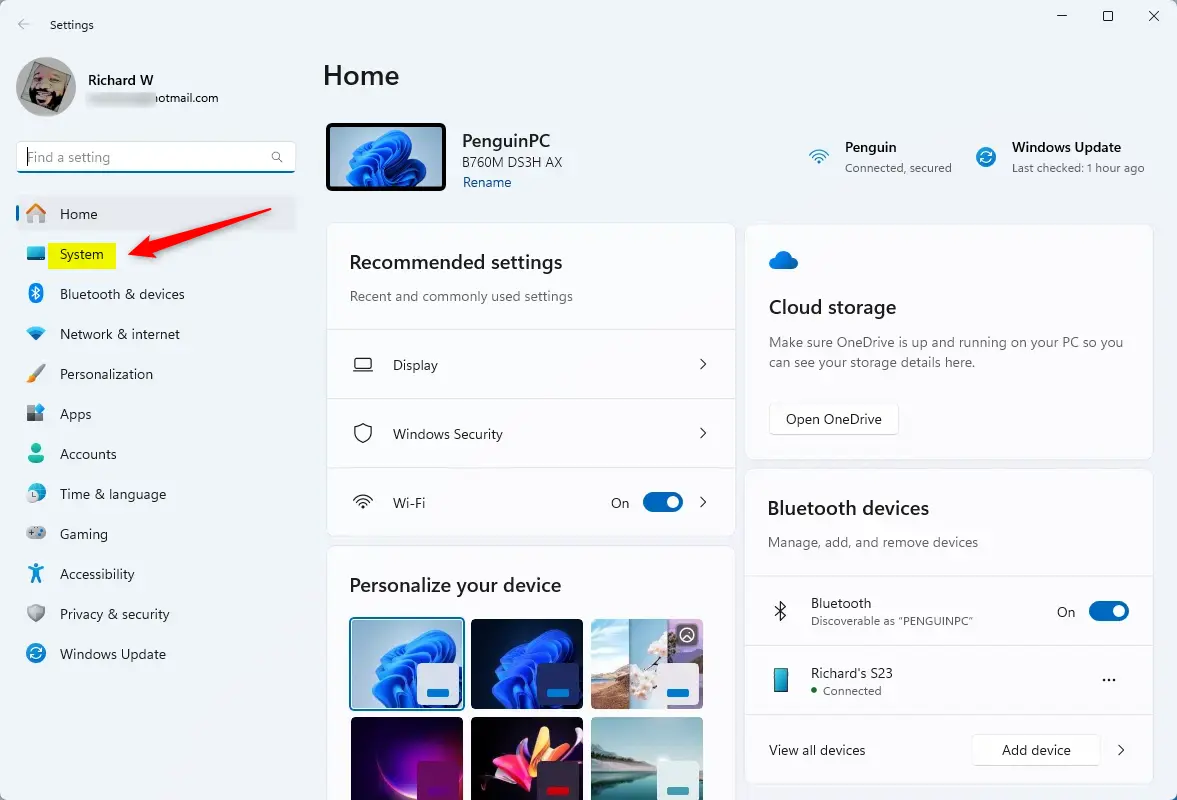 System in the Settings app
