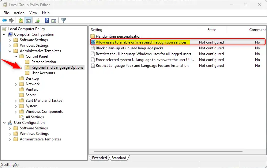 Windows 11 Speech recognition group policy