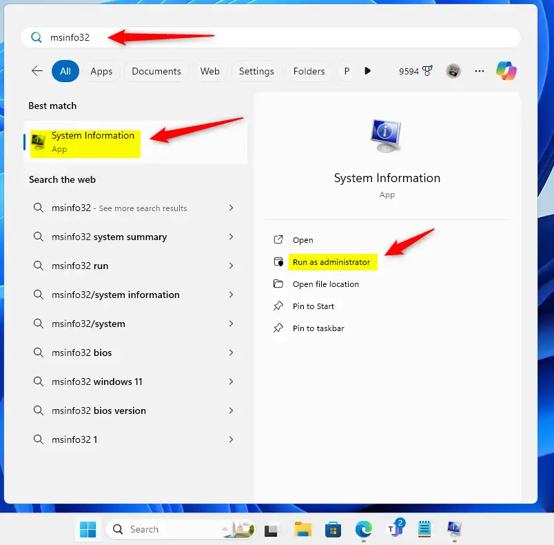 Windows search for msinfo32