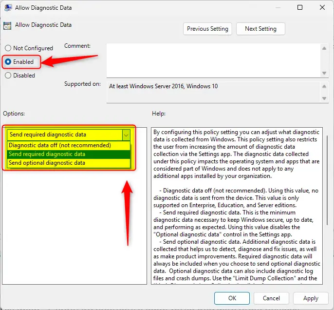 send diagnostic data to Microsoft policy options