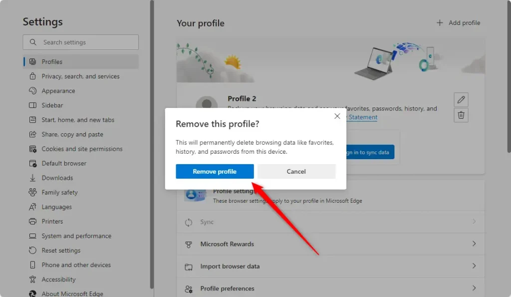 Microsoft Edge set up new personal profile delete prompt