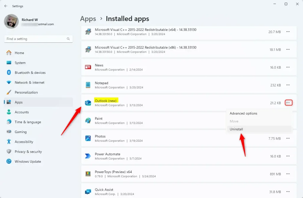 Uninstall Outlook app on Windows 11