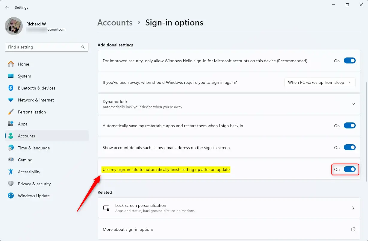 Windows 11 account sign-in options auto sign-in after update