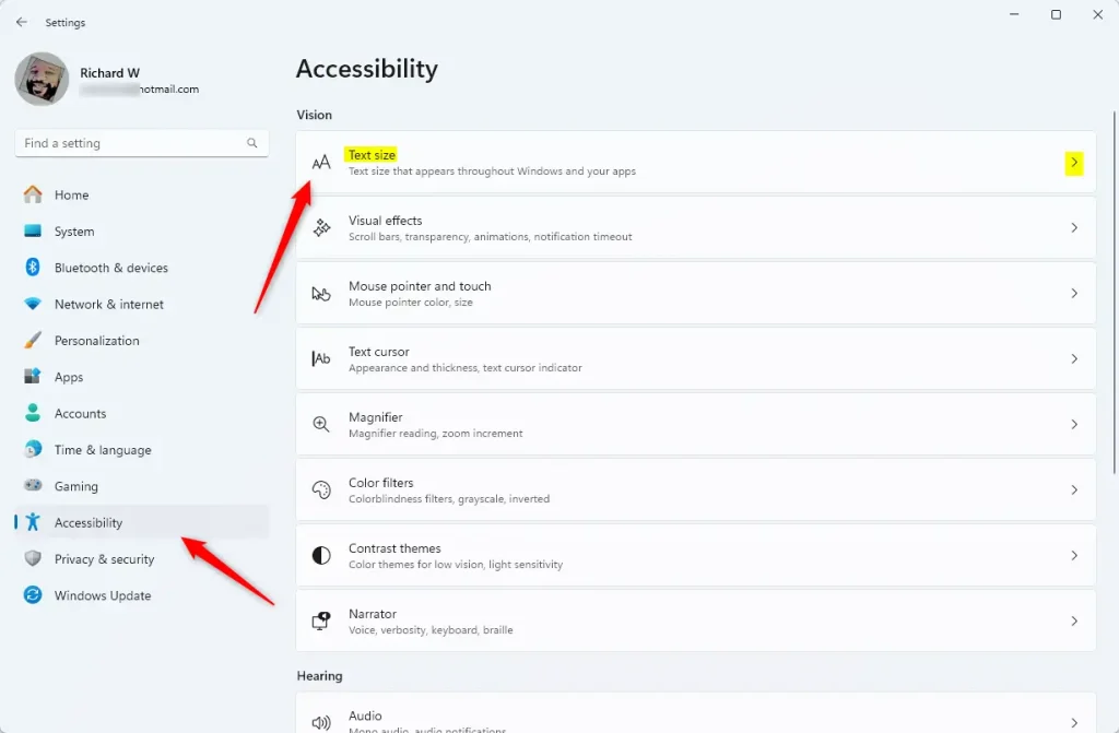 Windows Accessibility text size