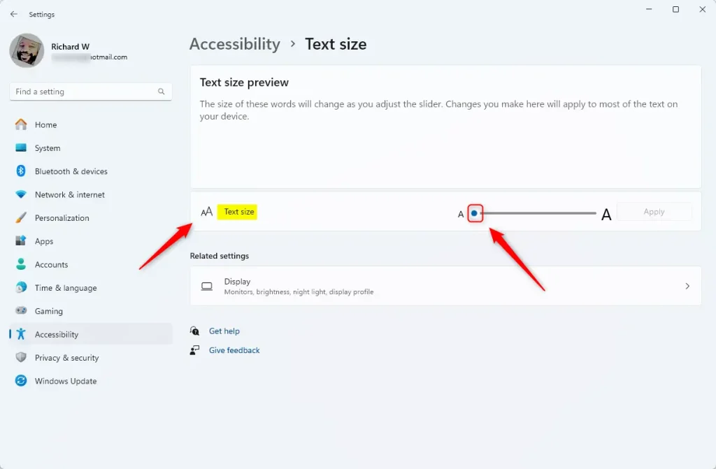 Windows Accessibility text size slider
