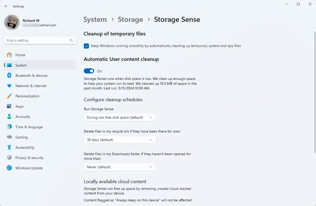 turn on or off storage sense more options