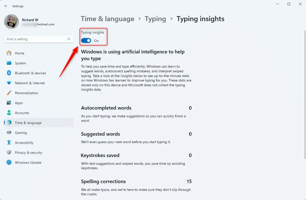 Typing Insights toggle button in Windows 11 Settings