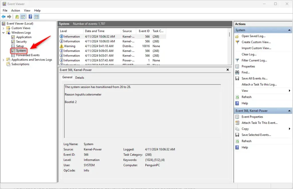 Event viewer System view