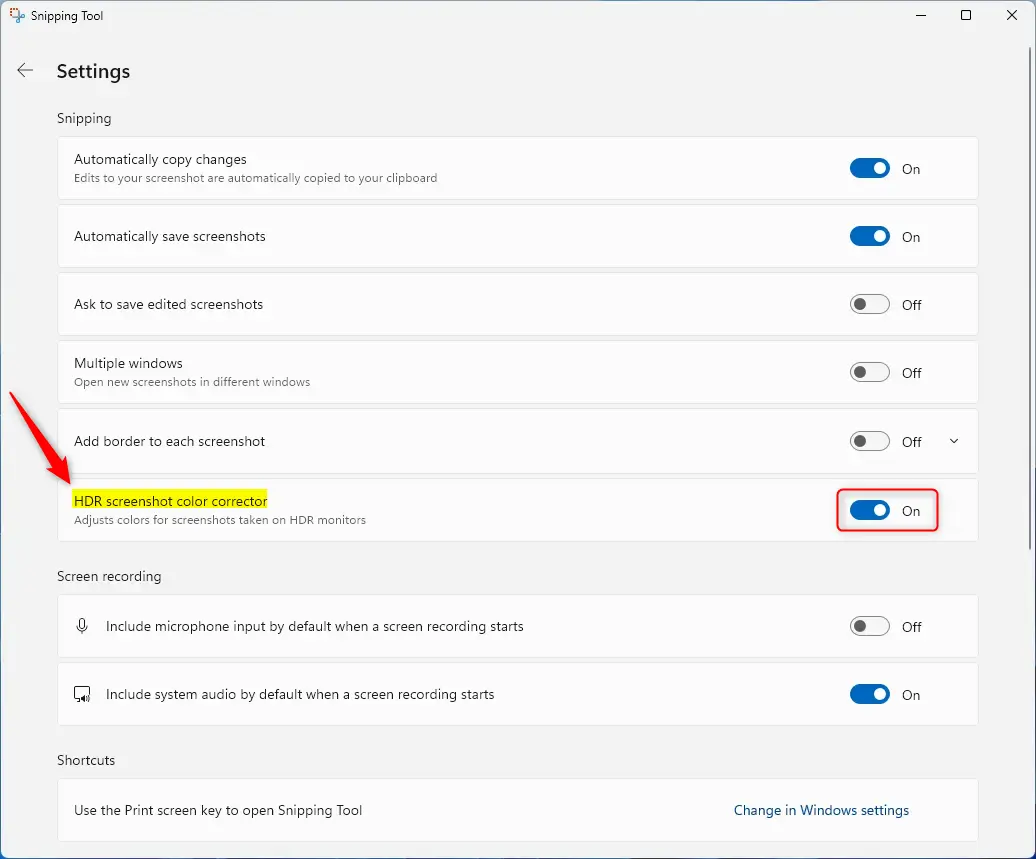 Snipping Tool settings for HDR screenshot color corrector